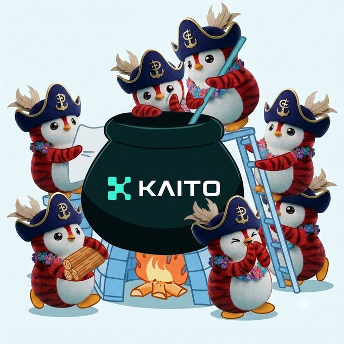 An illustration shows several penguins wearing pirate hats and Hawaiian leis gathered around a dark cauldron bearing the KAITO logo, cooking over a fire.