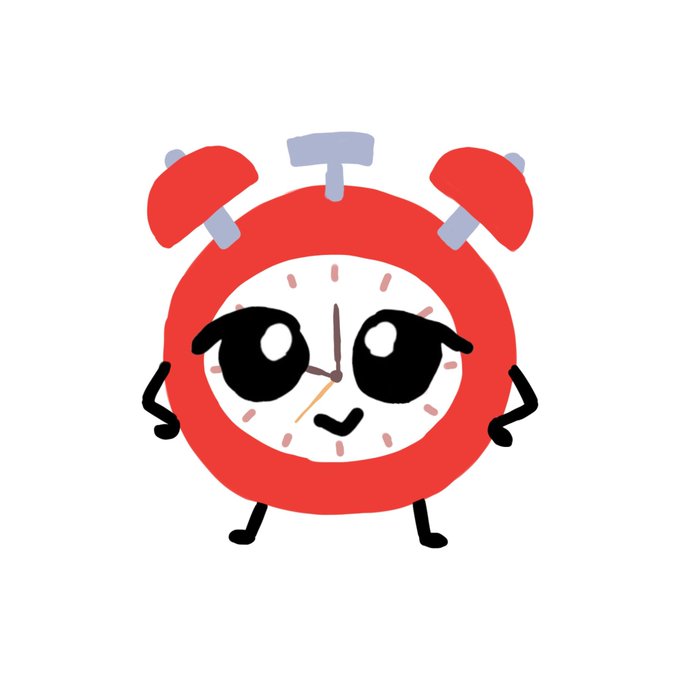 A cartoon red alarm clock character with a smiling face, black eyes, and stick limbs standing against a white background.