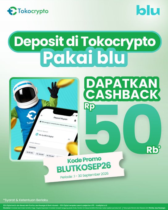 A promotional graphic for Tokocrypto and blu by BCA Digital features a mascot in a helmet alongside a smartphone displaying a deposit screen, advertising Rp50,000 cashback when depositing on Tokocrypto using blu with promo code "BLUTKOSEP26" from September 1–30, 2026.