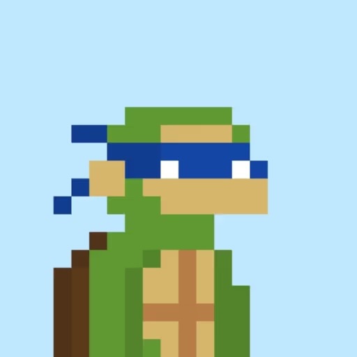 A pixel art image of a Teenage Mutant Ninja Turtle wearing a blue mask, characteristic of Leonardo from the franchise, with no visible text. The image likely represents a 1/1 (one-of-one) NFT of Leonardo that sold for 0.08 ETH, highlighting the dramatic price surge referenced in the post.