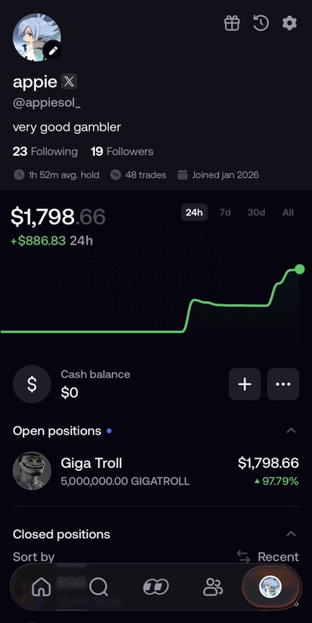 The image shows a cell phone screen displaying a trading app with a green line graph showing the value of an investment over time, along with some text about the app's features. The post on social media has a link that reads "giving away $GIGATROLL to you guys drop fomo names down here (must follow me on @fomo)". This indicates that the user is offering free access to the app and asking for followers' names in return, which can be used to promote the app or other trading opportunities.