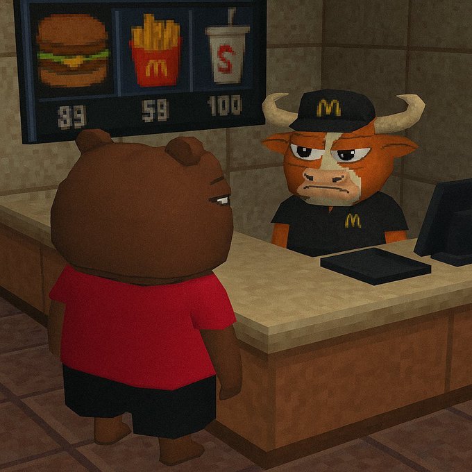 A low-poly 3D rendered scene featuring a brown bear character in a red shirt standing at a McDonald's-style fast food counter, facing a cow employee wearing a McDonald's cap and uniform.