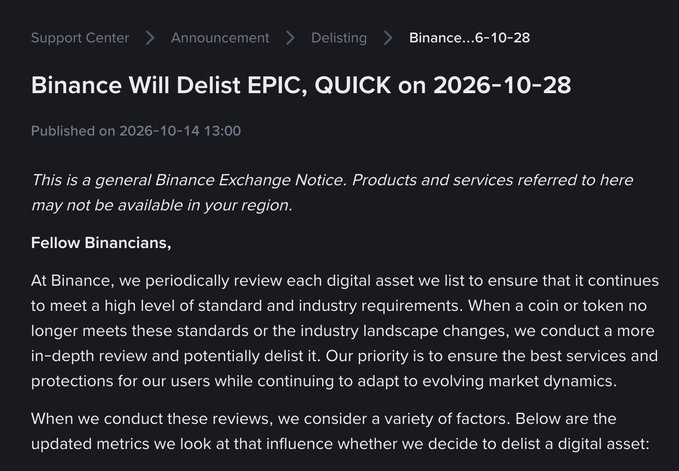A Binance Exchange Notice screenshot titled "Binance Will Delist EPIC, QUICK on 2026-10-28," published on 2026-10-14, explaining their periodic review of digital asset listings.