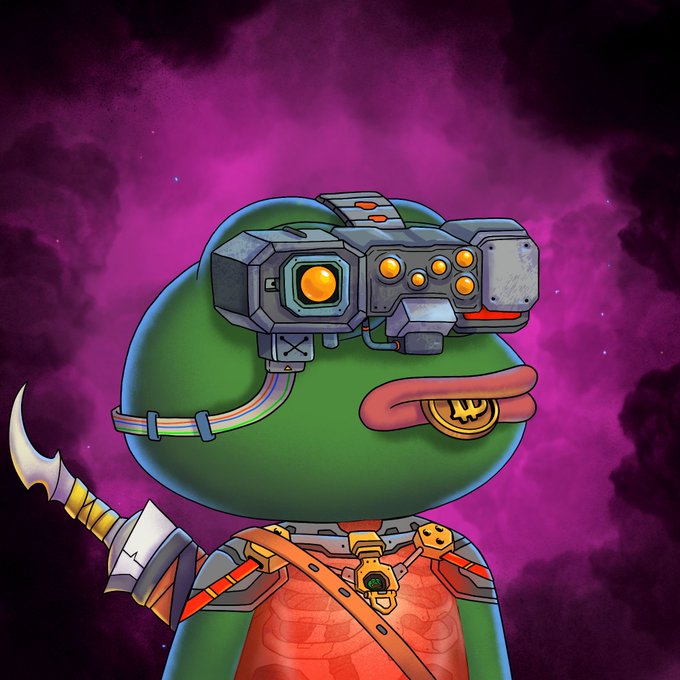 A green Pepe frog character wears a futuristic VR-style headset and tactical gear with a gold "P" emblem on its tongue, holding a curved blade against a cosmic purple background—matching the celebratory post about receiving PepeExplorers NFT rewards.