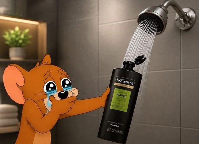 A cartoon depiction of Jerry from *Tom and Jerry* tearfully hugging a bottle of TRESemmé Moisture Rich Shampoo under a running shower, with visible text "TRESemmé," "WAVES," and "28 FL OZ (828 mL)."

The image humorously illustrates the post's theme of shattered crypto investor optimism—while early 2026 promised "filthy rich" wealth, reality has left investors clinging to a shampoo bottle as the only "waves" they're getting, evoking the tears of someone clinging to whatever they can salvage.