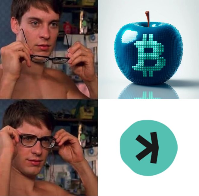 A four-panel meme compares two photos of a man putting on glasses (top-left and bottom-left) with a Bitcoin apple (top-right) and the Kusama (KSM) logo (bottom-right).