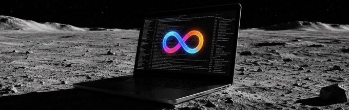 A MacBook laptop displaying the Meta (infinity symbol) logo sits open on a rocky lunar surface with Earth and stars visible in the background.