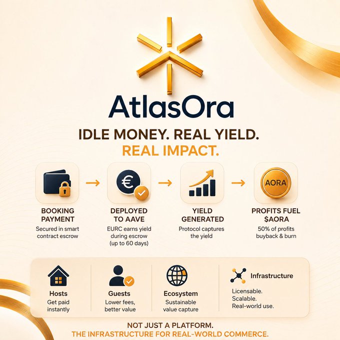 An AtlasOra infographic titled 'Idle Money. Real Yield. Real Impact.' illustrating how booking payments are deployed to AAVE to generate yield, with 50% of profits fueling the AORA token buyback and burn.