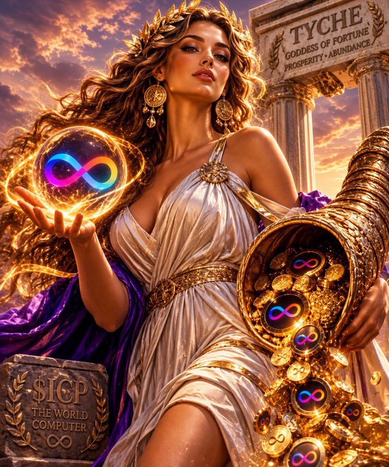 A digital illustration depicts the goddess Tyche with text reading 'TYCHE GODDESS OF FORTUNE PROSPERITY • ABUNDANCE' and '$ICP THE WORLD COMPUTER', holding a glowing orb and overflowing gold coins featuring the infinity symbol.