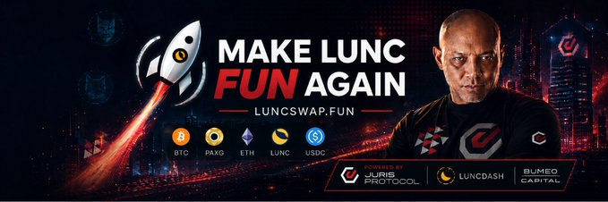 A promotional banner reading "MAKE LUNC FUN AGAIN" for luncswap.fun, featuring crypto icons (BTC, PAXG, ETH, LUNC, USDC) and partners Juris Protocol, Luncdash, and Bumoo Capital.