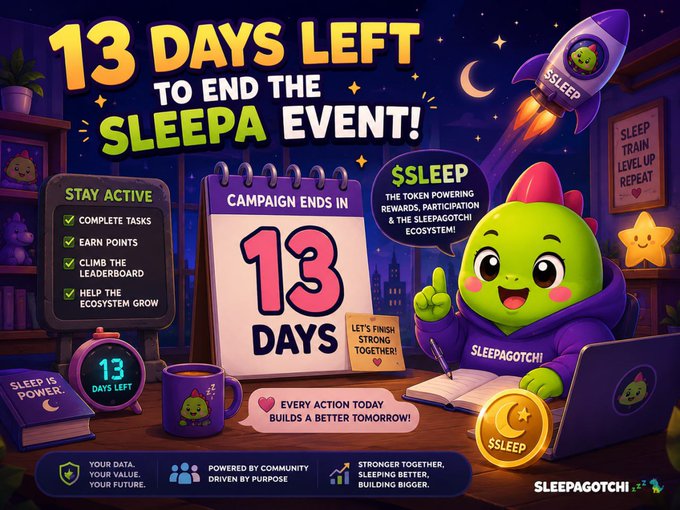 A colorful cartoon ad for "Sleepagotchi" showing a green character with "13 DAYS LEFT TO END THE SLEEPA EVENT!" and a calendar countdown, emphasizing $SLEEP token rewards and ecosystem participation.