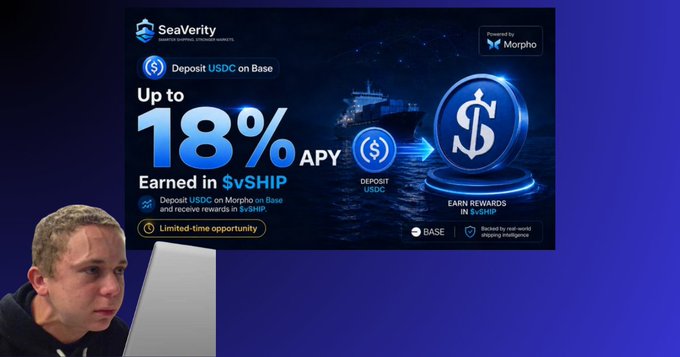 A promotional graphic for 'SeaVerity' offering 'Up to 18% APY' to deposit USDC on Base and earn $vSHIP, with a man looking at a laptop in the bottom left corner.