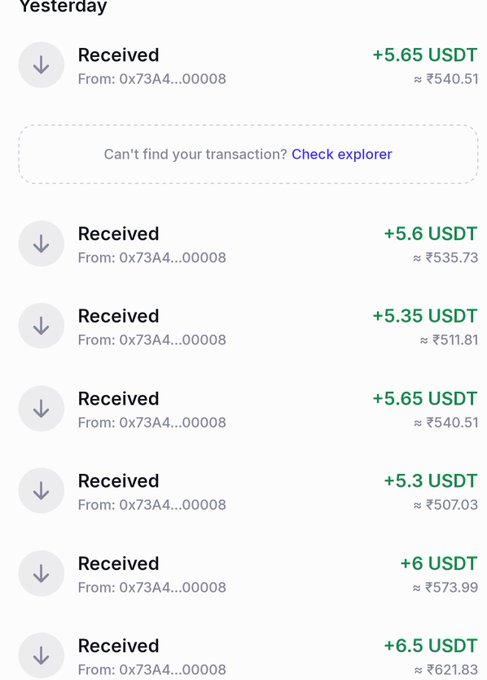 A transaction history screenshot from 'Yesterday' shows multiple 'Received' USDT transfers from address '0x73A4...00008,' with amounts ranging from +5.3 to +6.5 USDT (approximately ₹507 to ₹621), each marked with a downward arrow icon.