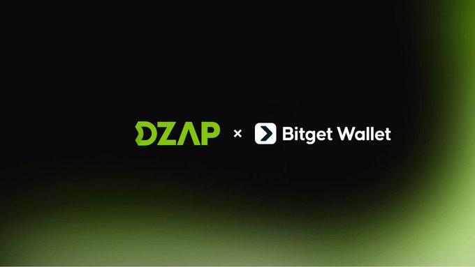 A black background with a green glow displaying the logos 'DZAP × Bitget Wallet'.