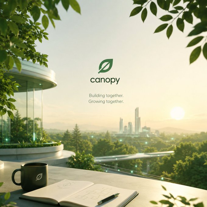 A promotional image for 'canopy' featuring the tagline 'Building together. Growing together.' with a leaf logo, showing a peaceful workspace with a coffee mug and notebook overlooking a futuristic green city with modern architecture and lush trees.