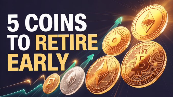 The image is a YouTube thumbnail featuring gold coins with logos for Bitcoin (B), Solana, and Ethereum (Ξ), alongside an upward-trending green arrow. Bold text reads "5 COINS TO RETIRE EARLY," visually supporting the post's promise that owning these five cryptocurrencies could set viewers up for life as the market is poised to improve.