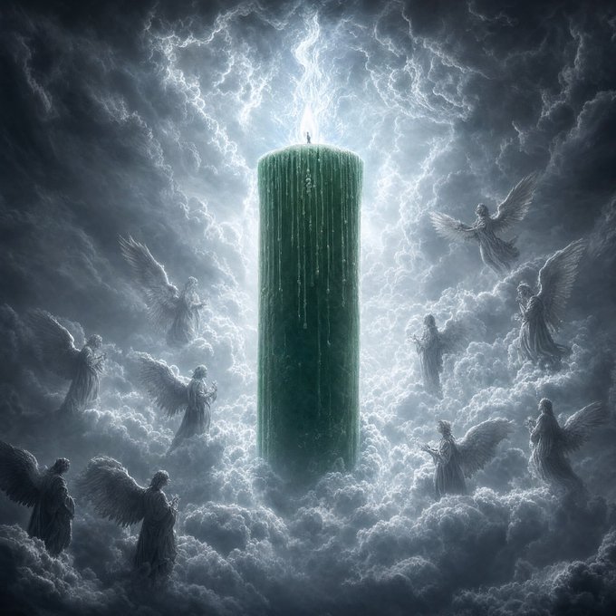 A glowing green pillar rises into stormy clouds as a lone figure stands atop it, surrounded by angels in the heavens—evoking a crypto "god candle" or divine ascent, fitting imagery for a post asking which token will pump 100x.