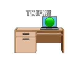 The image features a wooden desk with a laptop computer sitting on top of it, displaying a green screen. The desk appears to be made of wood and has two drawers below it. In the background, there are words written in white that say "tgif!".