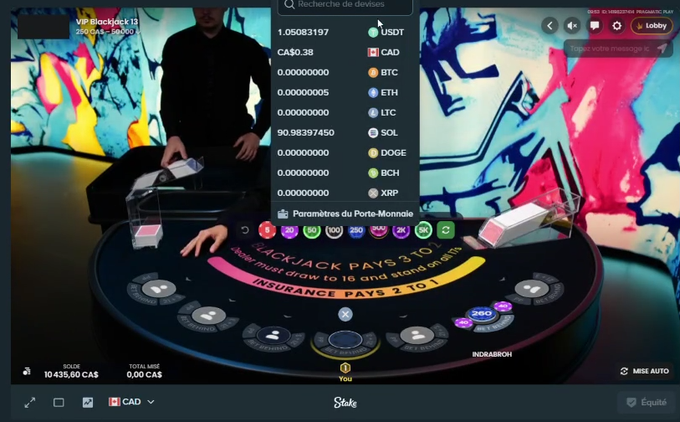A live blackjack game at a Stake VIP Blackjack 13 table shows a balance of 10,435.60 CA$ alongside displayed cryptocurrency conversion rates (~90.98 SOL, ~90.98 DOGE, plus BTC, ETH, and others), capturing a moment from the player's session of growing their bankroll from $400 to over $10K while giving back to the Discord community.