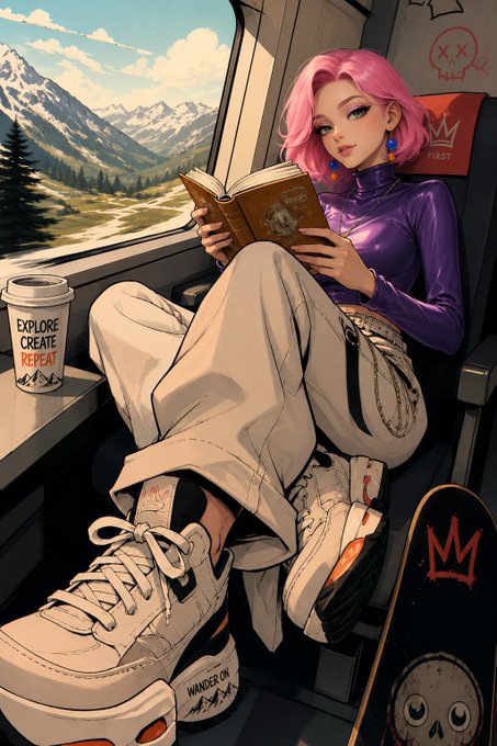 A stylized digital illustration of a pink-haired anime-style woman reading a book on a train, wearing a purple top, light cargo pants, and chunky sneakers, with a coffee cup labeled 'EXPLORE CREATE REPEAT' and a skateboard featuring graffiti-style designs beside her.