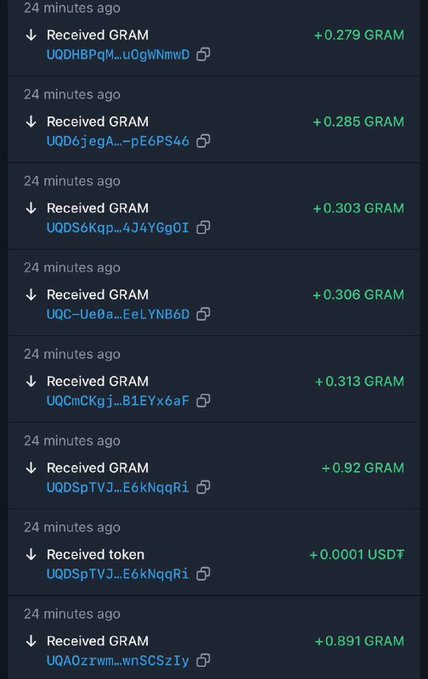 A screenshot of a cryptocurrency transaction history showing multiple 'Received GRAM' transactions from 24 minutes ago with amounts ranging from +0.279 GRAM to +0.92 GRAM, plus one 'Received token' of +0.0001 USDT.