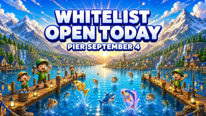 A whimsical lakeside scene featuring cartoon children fishing, surrounded by leaping pufferfish and shark-like creatures leaping from the water, with bold banner text reading "WHITELIST OPEN TODAY — PIER SEPTEMBER 4" — visually tying the post's announcement of the whitelist launch and the lake's September 4 opening date to a playful fishing metaphor.