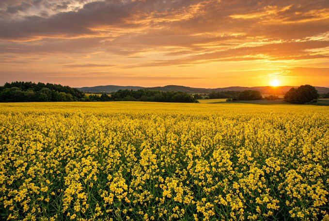 A scenic landscape photograph showing a vibrant field of yellow flowers at sunset with a dramatic orange sky, distant hills, and tree lines on the horizon.