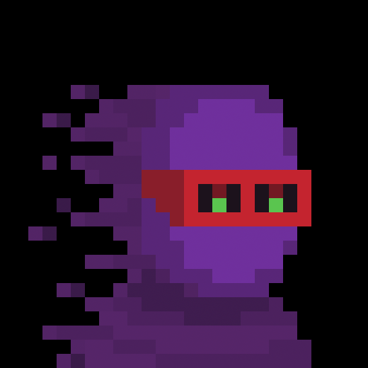 A pixel art image shows a purple, glitching figure wearing a red visor with glowing green eyes against a black background.
