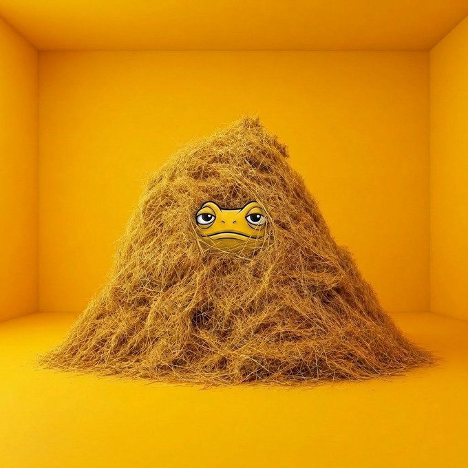 The image features a large pile of hay, which appears to be a frog or a toad. The hay is piled up in such a way that it covers the entire frame of the image. The background color of the image is yellow, creating a striking contrast with the hay and making it stand out even more. The caption below the image reads "4 days left. $BRAD. DOGE 2013: infinite supply. Inflationary forever. SHIB 2020: 1 quadrillion supply. Still printing. $BRAD is next. The difference? $BRAD is scarcer than both." This phrase suggests that there are only four days left before the image becomes obsolete, and it refers to a specific type of animal or object in the image.