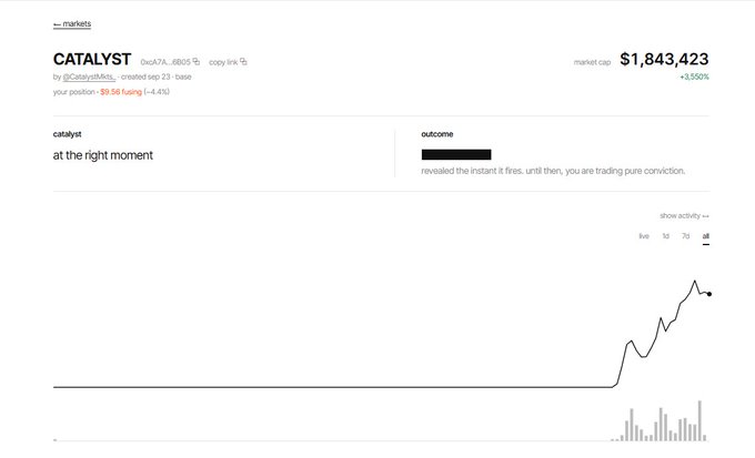 A financial dashboard shows a 'CATALYST' market with a market cap of '$1,843,423', indicating a user position of '-$9.56 losing' on 'Dec3A, 28/03', with text reading 'revealed the instant it fires, until then, you are trading pure conviction.'