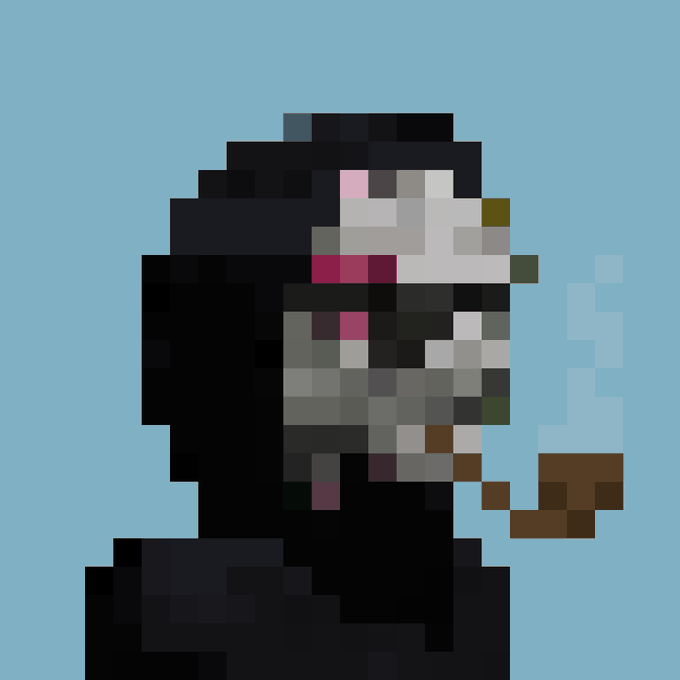 A pixel art image with a low resolution, depicting a dark figure with a lighter facial area against a light blue background, resembling a game character or sprite.