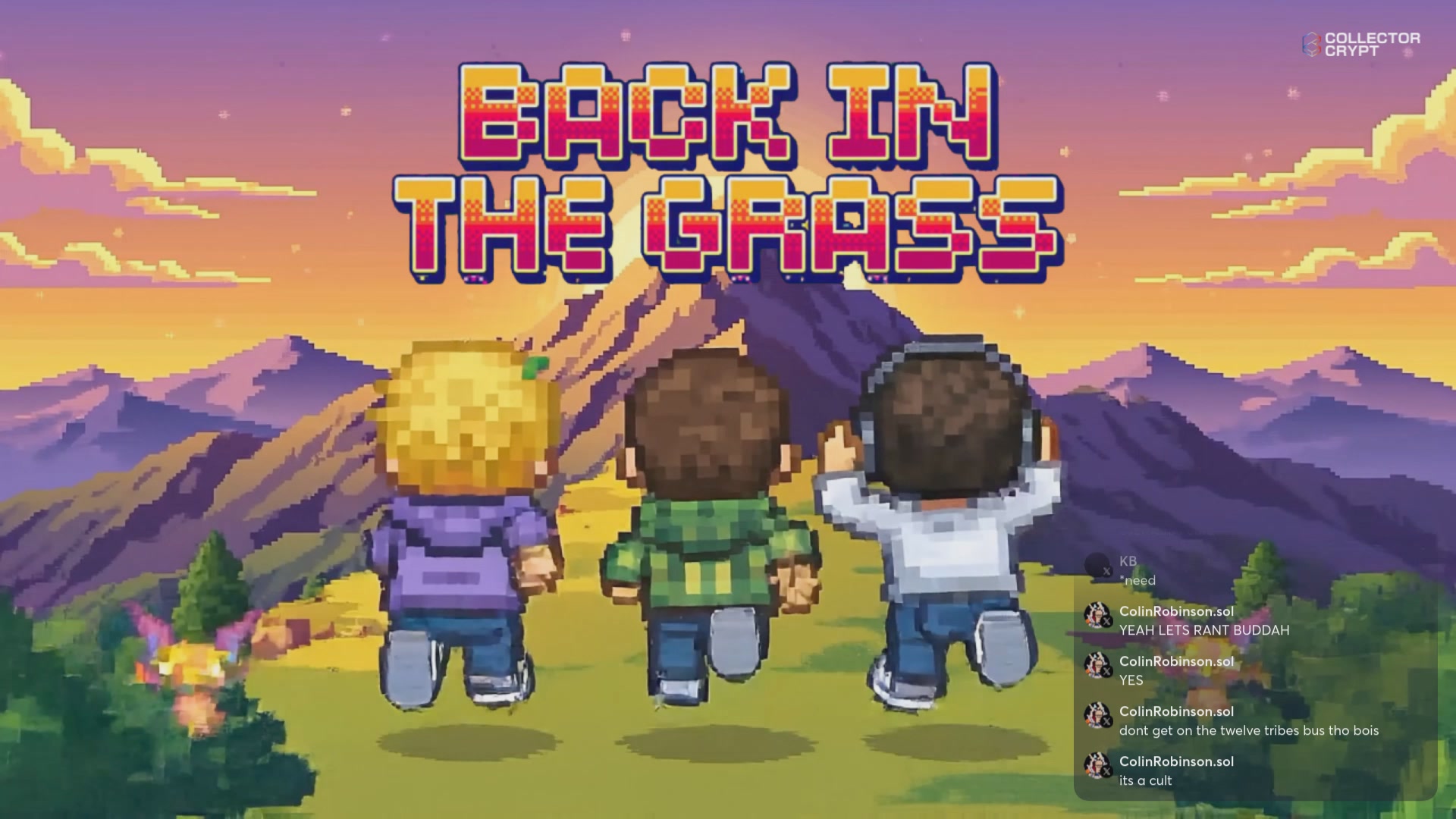 The image features a cartoon-style scene with three cartoon characters standing together, facing away from the camera. They are positioned at the center of the frame, surrounded by mountains that form the backdrop for their gathering. The sky above them is painted in shades of purple and orange, creating a warm and inviting atmosphere. In the bottom right corner of the image, there's a post with text written in white letters, which reads: "Back in the Grass".