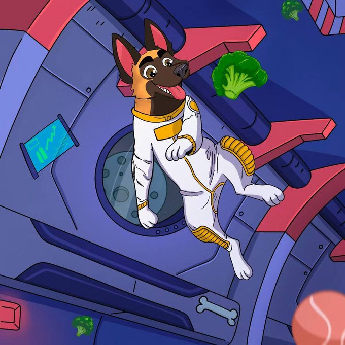 The image features a cartoon dog wearing an astronaut suit, floating in space with broccoli growing around its feet. The caption of the image reads "Broccoli grown in the space station is equal to broccoli in space So Is 714 broccoli in space equal to going to the moon #BROCCOLI #PumpFun #Solana #CryptoMemes".