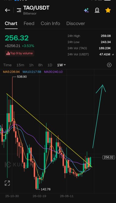 A KuCoin chart for TAO/USDT showing a price of $256.32 (up 3.53%) with an annotated descending trendline break and a hand-drawn arrow pointing sharply upward past $300, visually reinforcing the poster's bullish prediction that TAO's $2.9B market cap has significant room to grow relative to XRP's $90B cap.