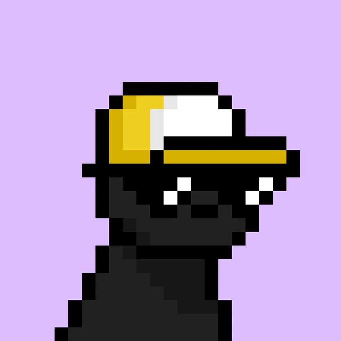 A pixel art illustration of a black dog wearing a yellow cap on a lavender background.