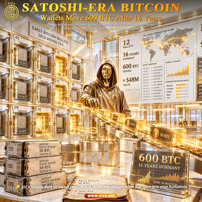 A golden-hued infographic from 81EX.org displays the headline "SATOSHI-ERA BITCOIN — Wallets Move 600 BTC After 16 Years," explaining that twelve Bitcoin wallets linked to 2010 mining activity transferred a combined 600 BTC, valued at approximately $48M, after being dormant for over 16 years; the visual features a metallic Bitcoin-masked figure surrounded by gold-brick-labeled "50 BTC" mining era wallet boxes, on-chain transaction flow maps, supply activity charts, and detailed block reward data including Block #34638 and Block #31201, emphasizing the market structure significance of these early whale movements under the hashtags #81EX, #Bitcoin, #BTC, and #BitcoinWhale.