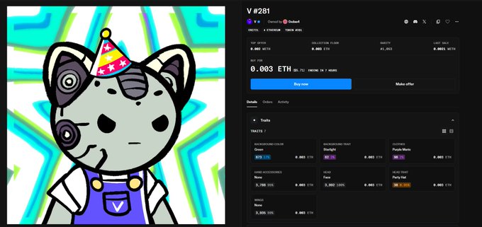 The image shows a V #281 NFT from the Vana collection listed at 0.003 ETH ($11.72) with a background color "Crazy," illustrating the dramatic decline in NFT value referenced in the post—from a peak of nearly $13,000 down to just a few dollars, reflecting the story of financial loss over nearly two years.