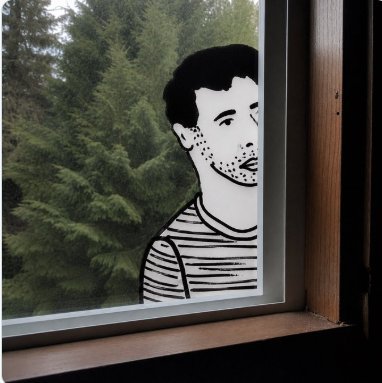 A black-and-white line art decal of a bearded man in a striped shirt applied to a window, with green trees visible outside.