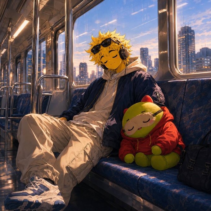 An anime-style character with blonde hair and headphones rests peacefully on a city subway seat beside a plush toy, both appearing to sleep amid the urban glow. The image evokes the quiet, restorative power of sleep—mirroring the post's point that while we sleep, our bodies generate valuable health data that fuels a multibillion-dollar industry largely captured by corporations rather than the individuals producing it.