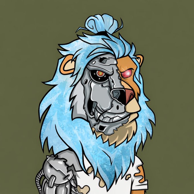 A digital drawing of a lion character with a split face—one side organic with a blue mane, the other side metallic and robotic.