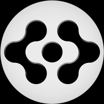 A minimalist white and black logo featuring a central circle surrounded by four curved shapes resembling petals or figures, set against a black background.