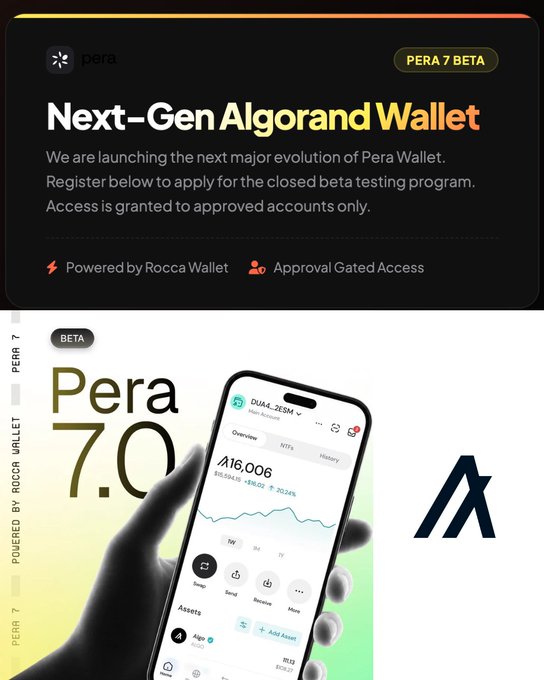 A promotional page for Pera 7 Beta, the 'Next-Gen Algorand Wallet' powered by Rocca Wallet, featuring a phone mockup showing a 16,006 ALGO balance.