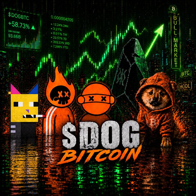 The image features a digital art poster for a cryptocurrency called "Sdog BitCoin". The poster has an illustration of people with dog costumes, including a dog wearing a hoodie, standing on water. There are also stock market figures visible in the background. The poster includes text that reads "Sdog BitCoin" and "In $DOG we trust", emphasizing the connection to Bitcoin as its cryptocurrency. The overall theme suggests a fun and quirky take on the crypto world with a touch of humor.