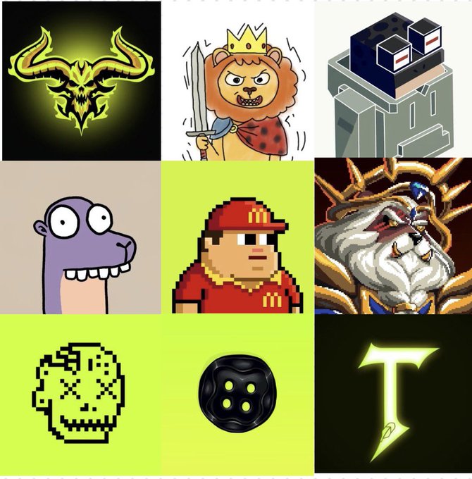 A 3x3 grid collage featuring various meme and NFT-style illustrations, including a demon face, a crowned lion with a sword, a voxel character, a purple dinosaur, a McDonald's pixel character, a lion king, a pixel skull, a black smiley face, and a stylized letter 'T'.