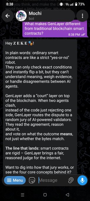 A Telegram chat screenshot from a bot named 'Mochi' explaining GenLayer as a blockchain 'court' layer using AI-powered validators to resolve disputes, contrasting it with traditional smart contracts.