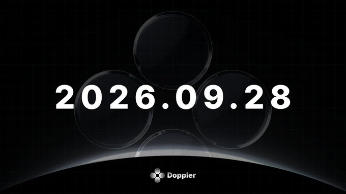 A sleek dark graphic displaying the date '2026.09.28' prominently with the 'Doppler' logo at the bottom.