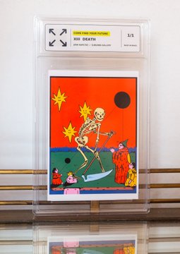 A graded trading card slab (rated 9.5 Mint) containing a sketch card artwork of a skeleton with stars for hands riding a surfboard, with a small wizard figure, on a red and blue background.