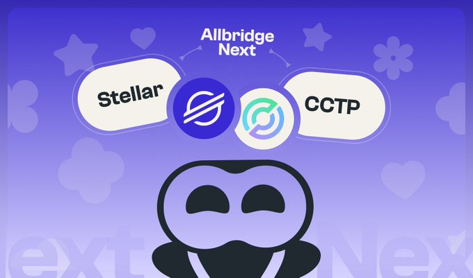 A graphic for Allbridge Next featuring Stellar and CCTP tokens connected by bridges, with a purple cartoon character below.