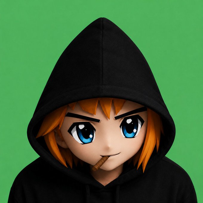 A cartoon-style character with orange hair and a confident smirk, wearing a black hooded sweatshirt with a cigar in their mouth, set against a bright green background. The image complements the post by visually representing the "conviction" the author references—projecting a bold, determined, and unshakable attitude behind their PFP change.