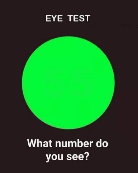 An eye test image showing a solid green circle with the text 'EYE TEST' above and 'What number do you see?' below.